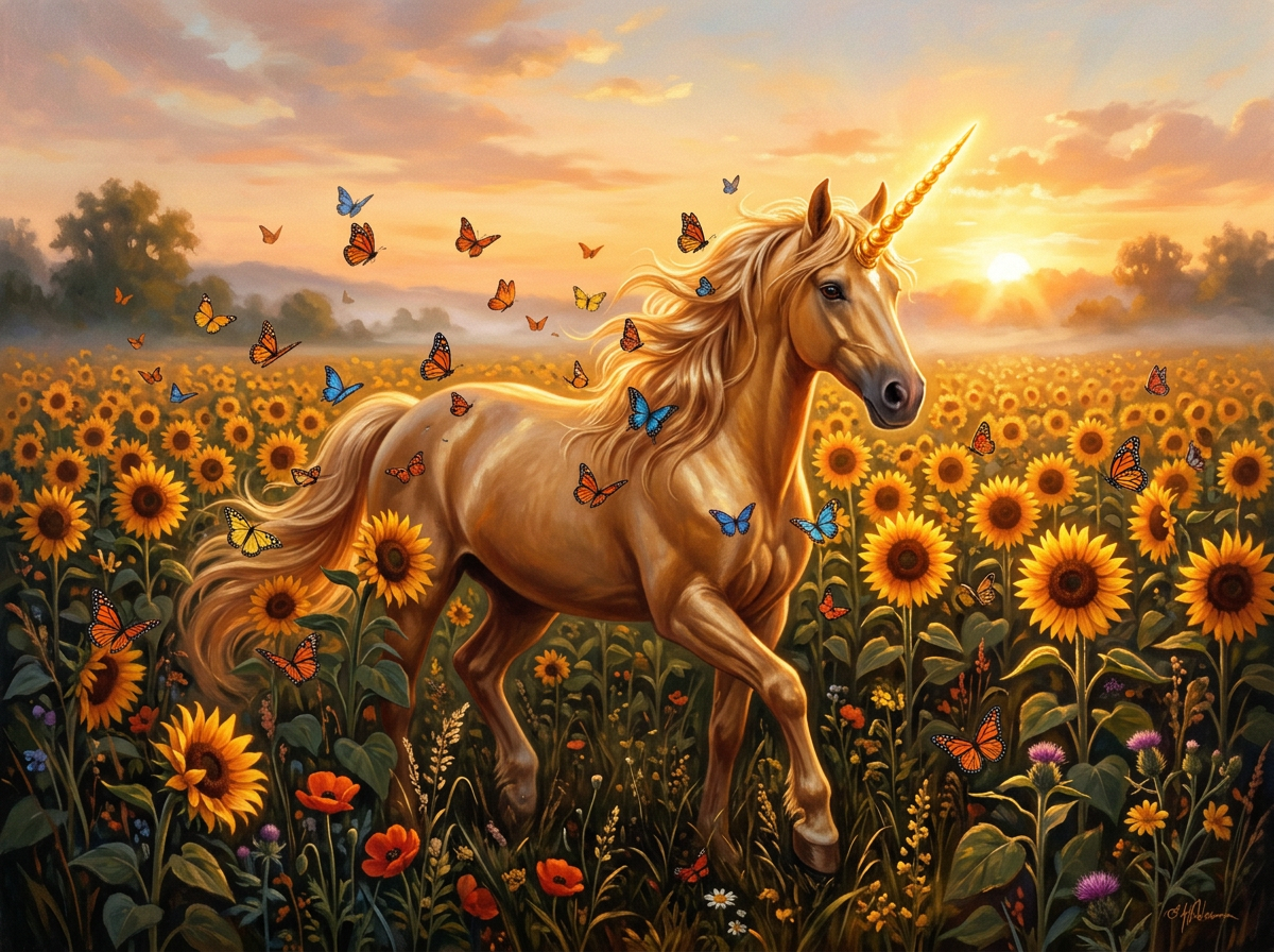 A golden unicorn emerging from a sunflower field at sunrise with butterflies