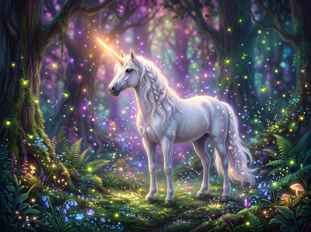 A majestic white unicorn in an enchanted forest clearing with purple and pink magical light