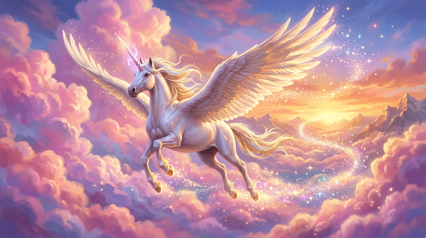 A winged unicorn soaring through pink and purple clouds at golden hour