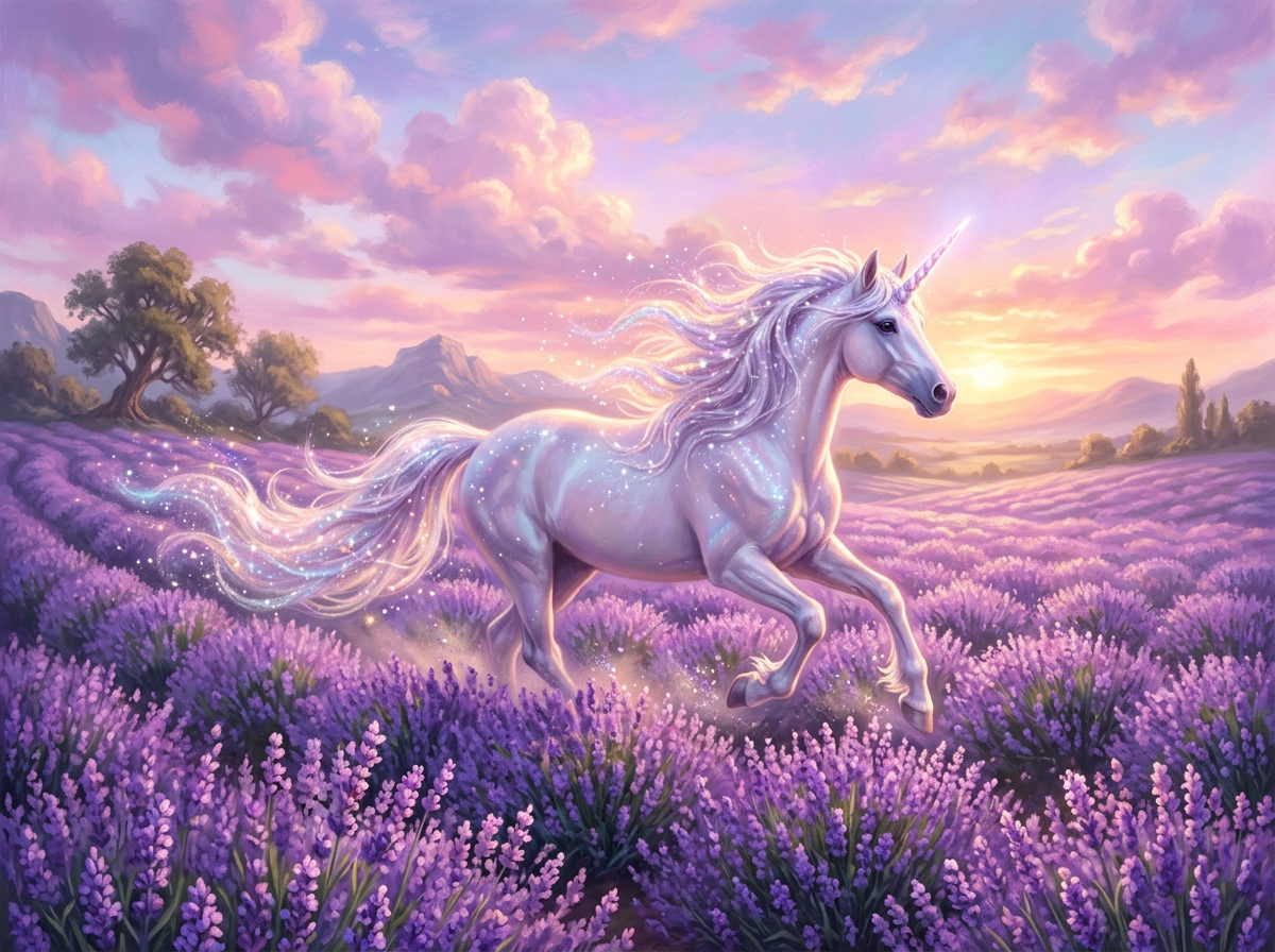 A unicorn galloping through a lavender field under a pastel sunset