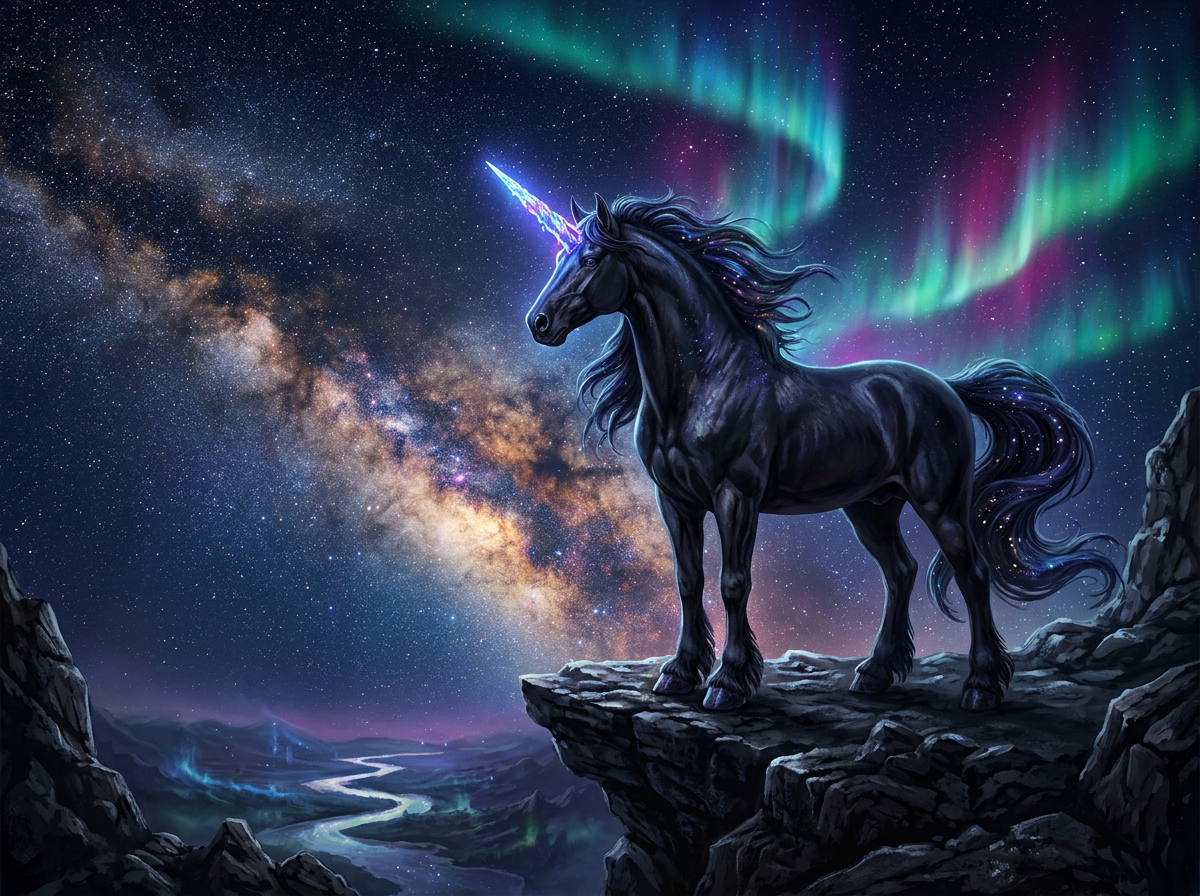 A magnificent black unicorn with a crystal horn against a starry galaxy sky