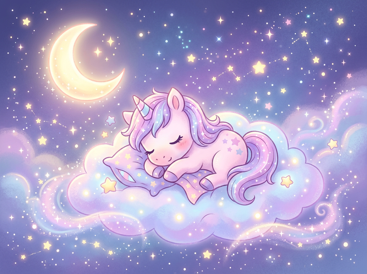 A baby unicorn sleeping on a cloud surrounded by stars and a crescent moon