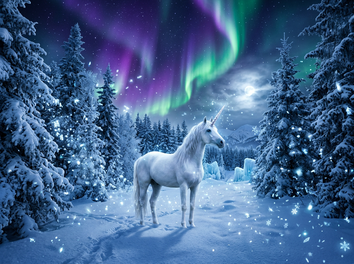 A snow white unicorn in a winter wonderland with northern lights above