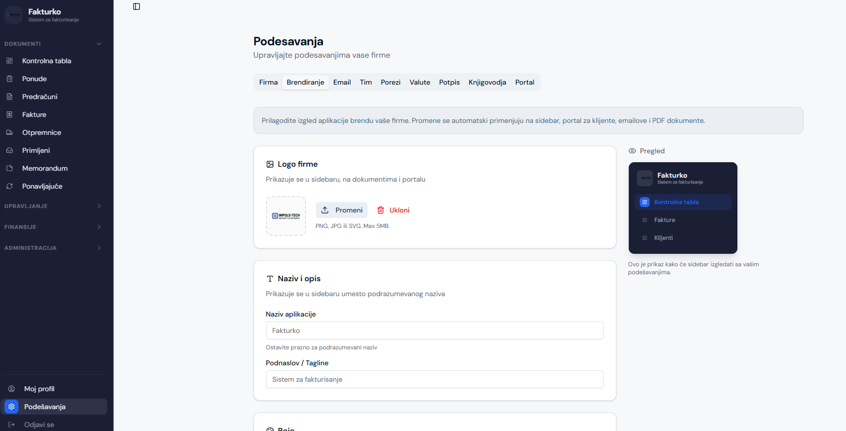 Fakturko podesavanja - white-label brendiranje, automatizacija faktura i upravljanje finansijama za mala preduzeca