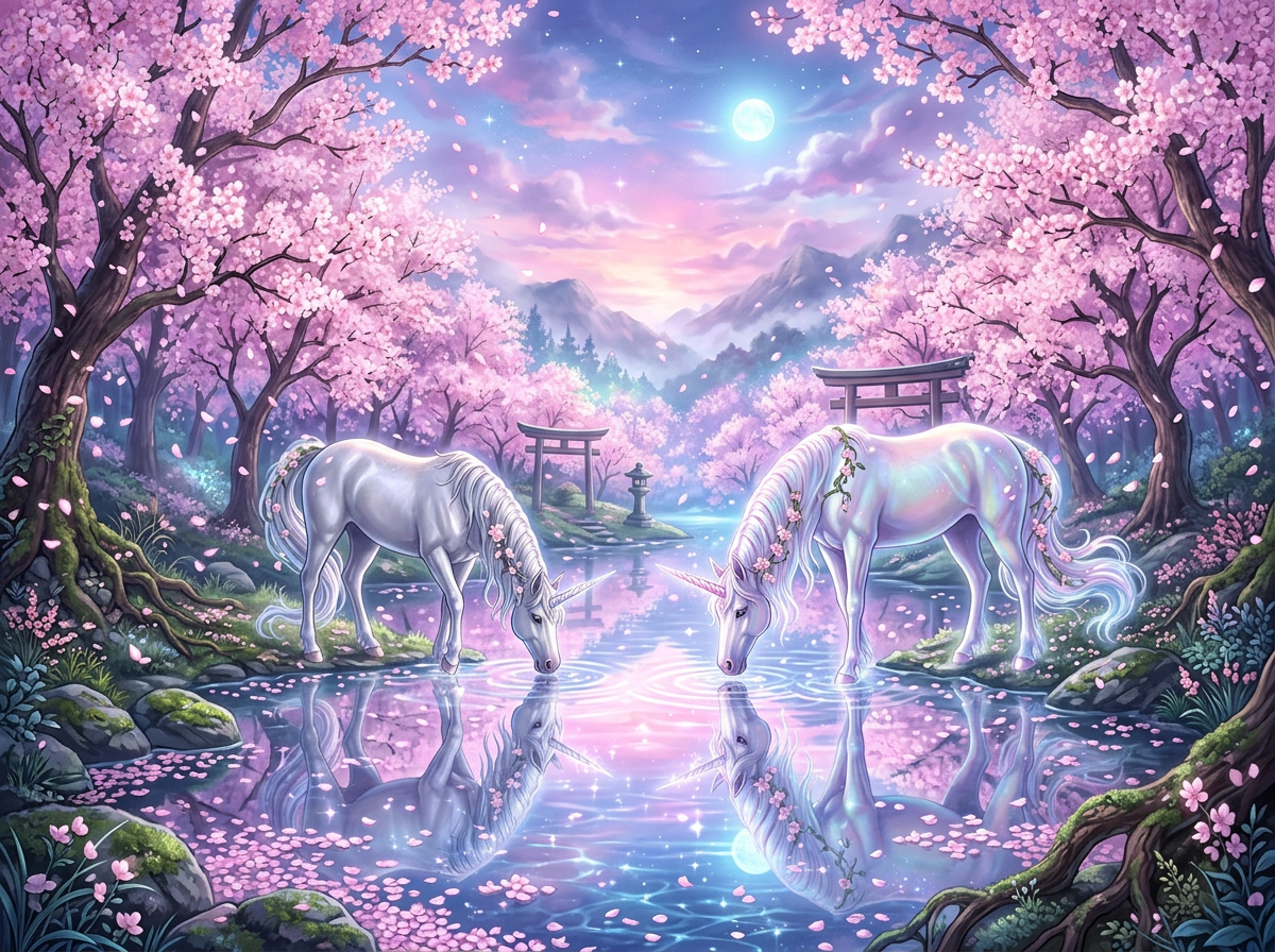 Two unicorns drinking from a crystal lake surrounded by cherry blossom trees