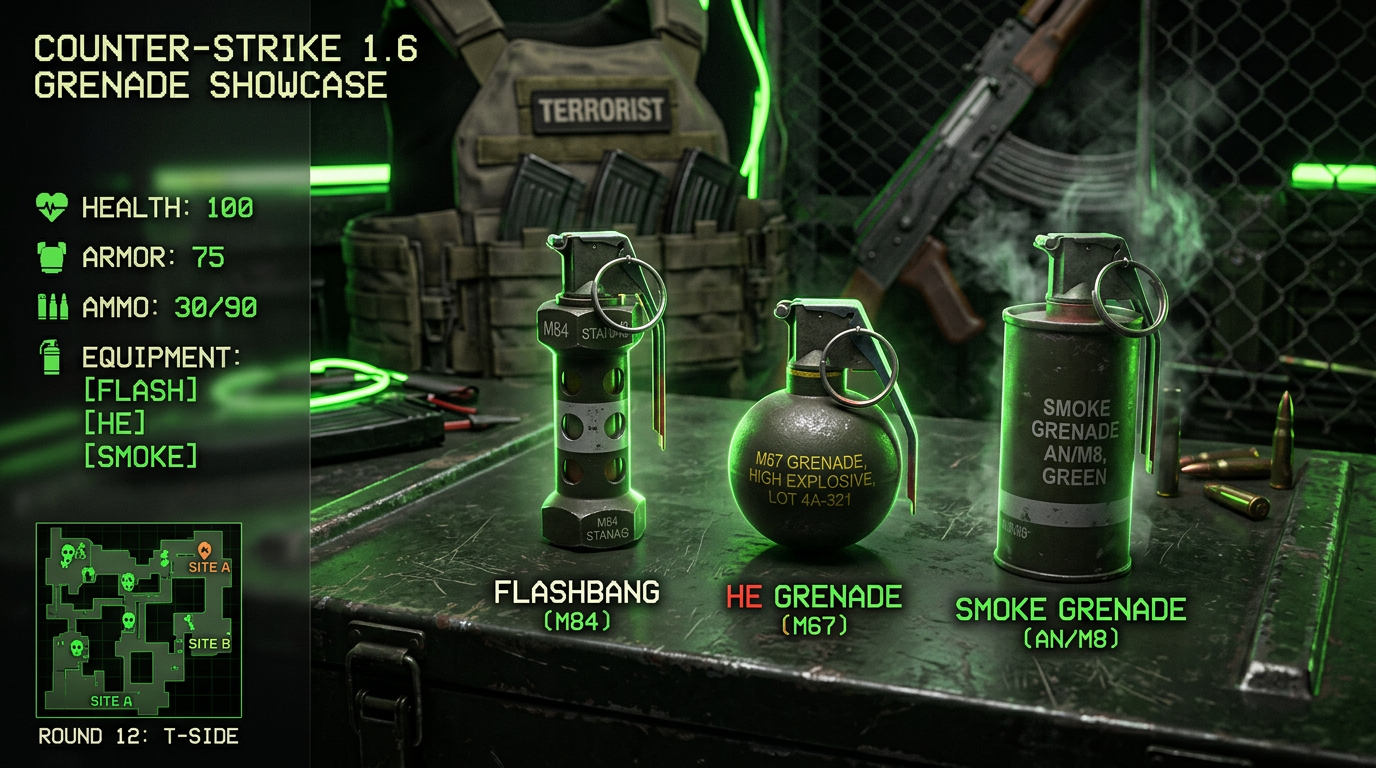 Granadas — Flashbang, Smoke, HE