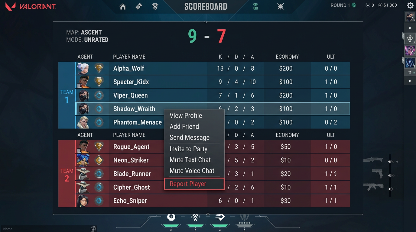 Placar da partida com opcao de reportar jogador