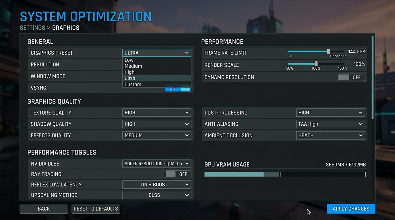 Menu de configuracoes de otimizacao